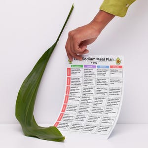Low sodium 7 day meal plan printable PDF showing breakfast lunch snack and dinner for each day, suitable for low salt diets and instant download.