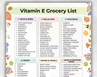 Vitamin E Grocery List, Vitamin E Foods List, High Vitamin E Foods, Vitamin E Sources, Tocopherol Foods Chart Printable Grocery