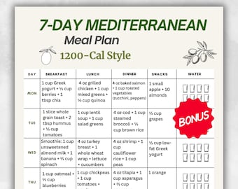 7-Day Mediterranean Meal Plan 1200-Cal, Weekly Menu Printable, Mediterranean Diet PDF, A4 & US Letter, Bonus Grocery List, Digital Download