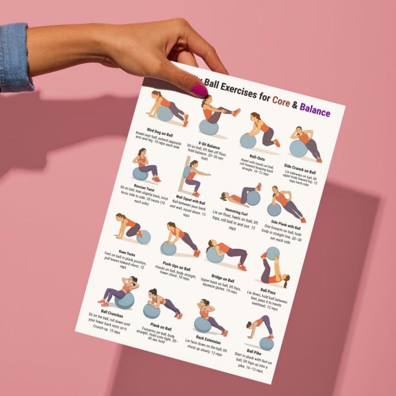 Printable fitness poster showing 16 stability ball exercises for core and balance training, illustrated step-by-step workout chart using an exercise ball, designed as a clean A4 and US Letter PDF for home workouts and gym wall reference.