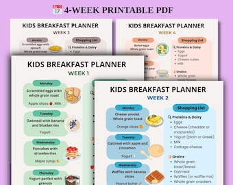 May include: A printable PDF kids' breakfast planner with a 4-week menu. Each week features daily meal ideas like scrambled eggs, oatmeal, pancakes, and waffles. Includes a shopping list with dairy, grains, and fruit suggestions.