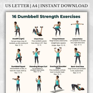 Op de afbeelding: Een afdrukbare workoutgids met de tekst "16 Dumbbell Strength Exercises". De gids bevat illustraties die oefeningen demonstreren zoals deadlifts, chest presses, tricep kickbacks en dumbbell squats. De oefeningen worden getoond met een persoon in een teal top en zwarte leggings.