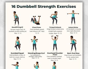 Tabla de ejercicios con mancuernas / Ejercicios de cuerpo completo con mancuernas / 16 movimientos de entrenamiento de fuerza / Póster de entrenamiento imprimible / Arte mural para gimnasio en casa (PDF)