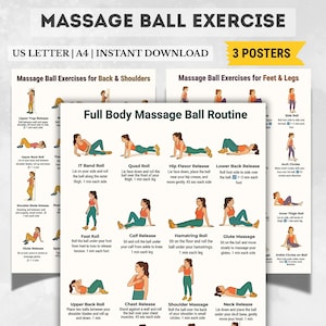 May include: A set of three posters with massage ball exercise instructions. The posters include exercises for the back, shoulders, feet, and legs. The text includes "Full Body Massage Ball Routine" and "Instant Download".