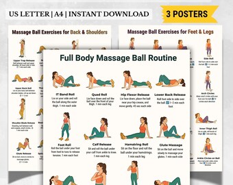 Massage Ball Übung Poster Set | Ganzer Körper, Rücken & Schultern, Füße Beine | 3 druckbare Diagramme | A4 US Letter | Sofort Download PDF