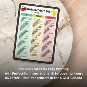 Printable Hashimoto’s Diet Food List in Eat / Limit / Avoid format. Includes thyroid-friendly foods, hypothyroid grocery guide, gluten-free and dairy-free options, and anti-inflammatory ingredients. Designed for people managing Hashimoto’s thyroiditis or underactive thyroid. Instant digital download for meal planning, clean eating, and autoimmune diet tracking.