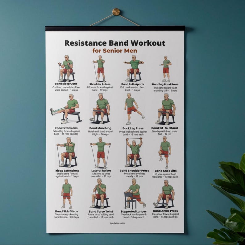 Resistance Band Workout for Senior Men printable poster with 16 seated and standing resistance band exercises for home strength training PDF