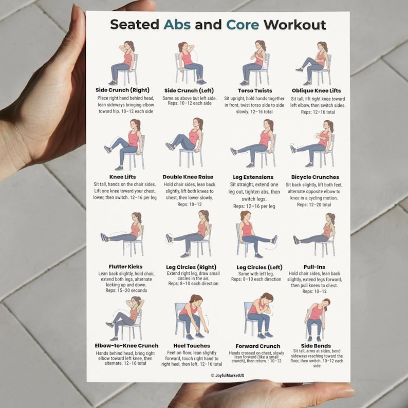 Seated Abs and Core Workout | Chair Exercise Printable | Easy Home Fitness Chart