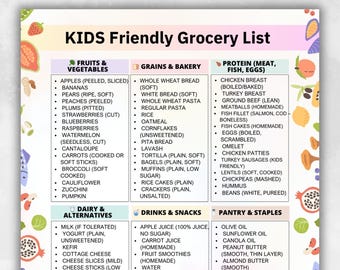 Kids Friendly Grocery List, Toddler Food Chart,  Children Food List Printable, Toddler Meal Planning Chart, Instant Download
