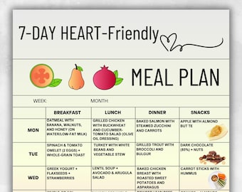 Ideas de alimentos saludables para el corazón: Plan de alimentación limpia de 7 días en PDF para un estilo de vida con bajo colesterol y alimentos integrales, lista de alimentos saludables para el corazón