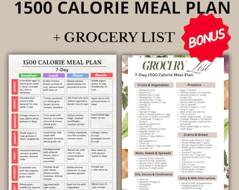 1500 Calorie Meal Plan PDF – 1500 Calorie Food List, 1500 Calorie Meal Prep, 1500 Calorie Grocery List, 1500 Calorie Printable Planner