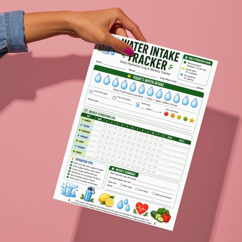 Water Intake Tracker Printable, Daily Hydration Log PDF, Weekly Water ...