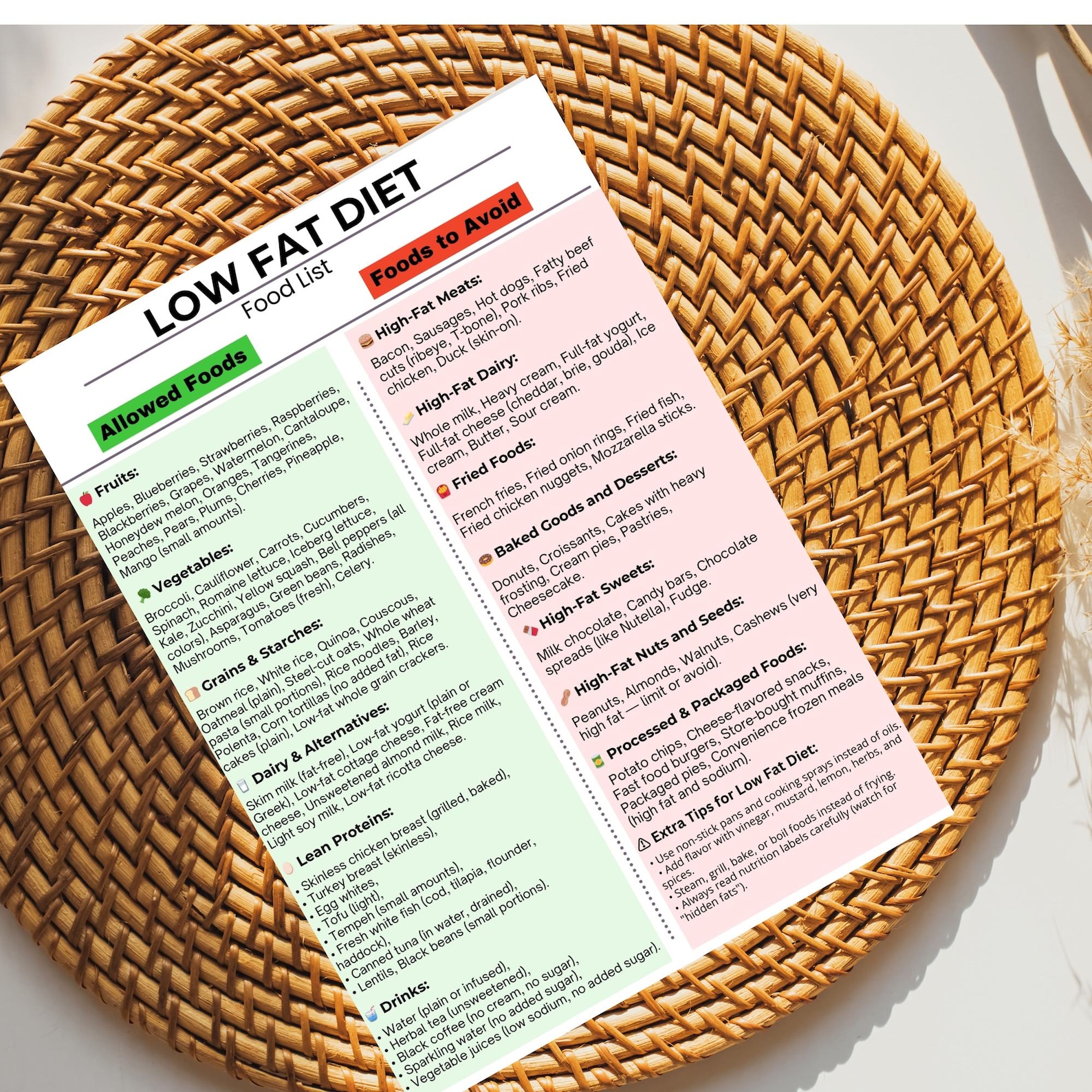 Low Fat Diet Food List Printable | Healthy Eating Chart | Foods to Eat ...