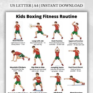 Puede incluir: Una rutina de ejercicios de boxeo para niños, imprimible, con ilustraciones de ejercicios. Los ejercicios incluyen rebote de boxeador, estocadas, ganchos y más. El texto en la parte superior dice "US LETTER | A4 | INSTANT DOWNLOAD".