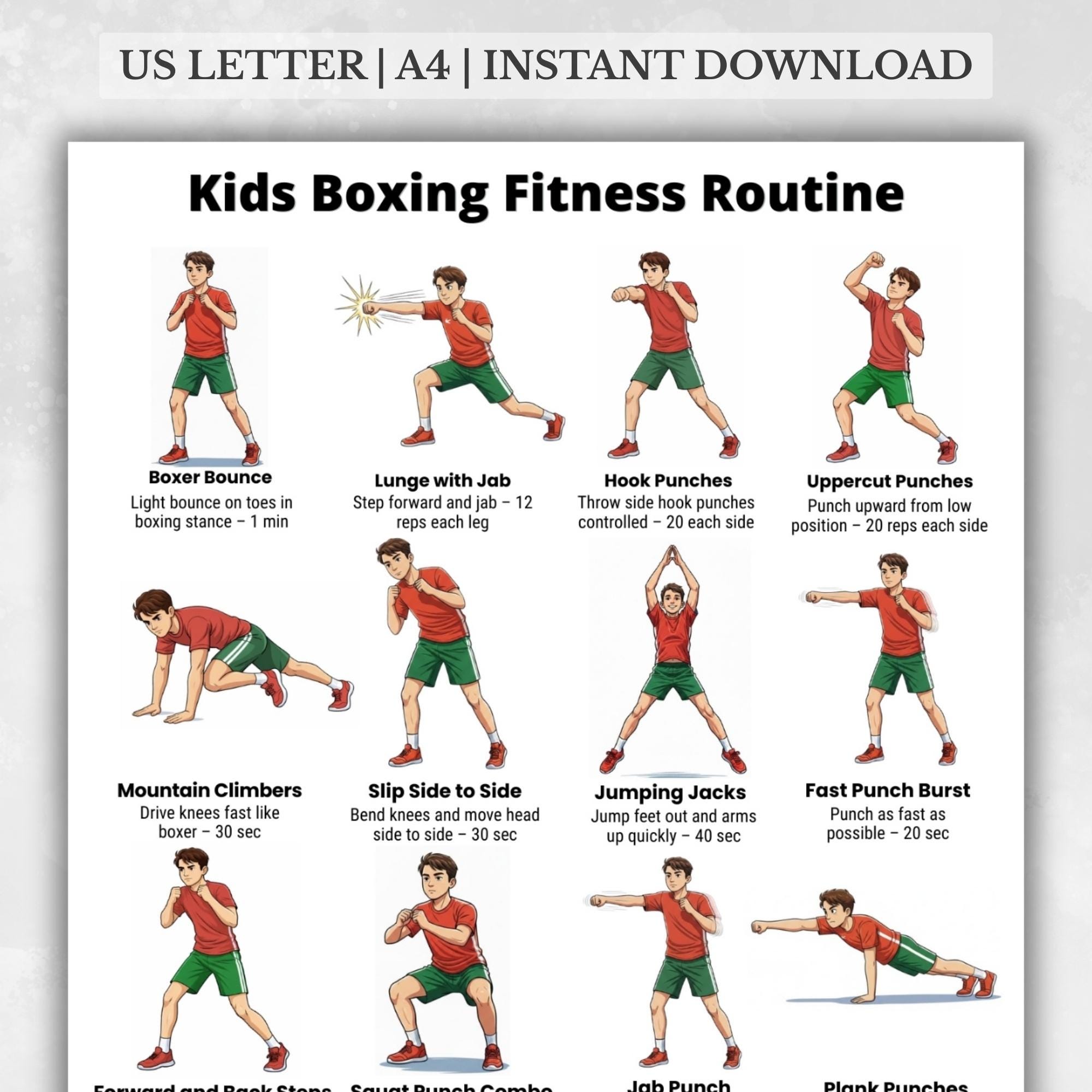 Kids Boxing Workout Printable PDF, 16 Boxing Exercises for Kids ...