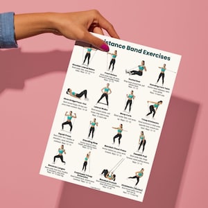 May include: A white sheet of paper titled "Resistance Band Exercises" is held up. The sheet displays various exercises with illustrations, including shoulder lateral raises, front raises, and seated rows. The background is a solid pink.