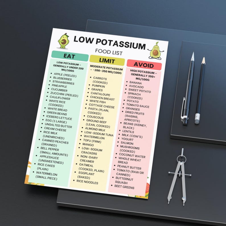 Low Potassium Food List – Printable PDF with 60+ Eat Limit Avoid Foods Organized by Potassium per 100g for Grocery Planning