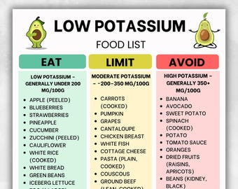 Low Potassium Food List Printable, Low Potassium Food Chart, Dialysis Grocery List, Low Potassium Foods List, Kidney-Friendly Meal Prep PDF