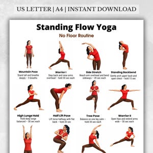 Peut inclure: Une affiche blanche avec des poses de yoga. Le titre "Standing Flow Yoga" est en haut, avec des instructions pour chaque pose. Les poses incluent la pose de la montagne, le guerrier I, l'étirement latéral, la flexion arrière debout, etc.