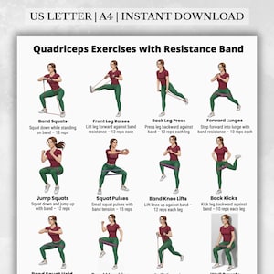 May include: A fitness guide titled "Quadriceps Exercises with Resistance Band" displays illustrated exercises. The guide includes Band Squats, Front Leg Raises, Back Leg Press, Forward Lunges, Jump Squats, Squat Pulses, Band Knee Lifts, and Back Kicks.