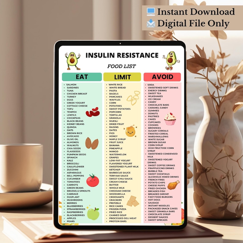 May include: Digital download of an insulin resistance food list. The list is divided into three categories: Eat, Limit, and Avoid, with various food items listed under each. The image also includes the text "Instant Download" and "Digital File Only".
