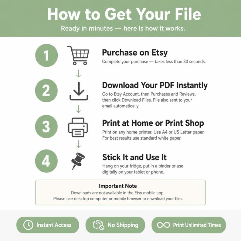 May include: A green and white infographic titled "How to Get Your File" with numbered steps. The steps include purchasing on Etsy, downloading a PDF, printing at home, and using the file. Additional icons and text provide further instructions.