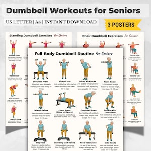 Op de afbeelding: Een set van drie posters met dumbbell workout routines voor senioren. De posters bevatten oefeningen zoals schouderpers en squats, met illustraties en instructies. De tekst "US LETTER | A4 | INSTANT DOWNLOAD" staat bovenaan.