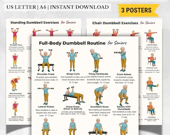 Dumbbell Exercises for Seniors | 3 Workout Posters Bundle | Chair, Standing, Full Body Printable Routines | Instant Download PDF