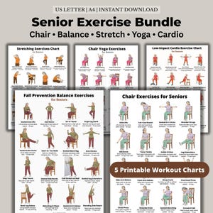Könnte beinhalten: Ein Set aus fünf druckbaren Trainingskarten für Senioren, mit Übungen für Stuhl, Gleichgewicht, Dehnung, Yoga und Cardio. Jede Karte zeigt illustrierte Übungen mit Anweisungen. Die Karten sind für den Heimgebrauch konzipiert.