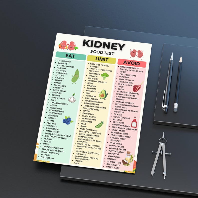 Kidney Food List Printable | Renal Diet Chart Eat Limit Avoid | Kidney Nutrition PDF | Low Potassium Low Sodium Food List