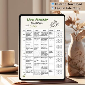 Liver Friendly 7 Day Meal Plan Printable PDF showing a weekly meal plan layout with breakfast, lunch, dinner and snack for each day. Digital food planning document using US measurements, designed as a clean, easy to read printable page. Includes A4 and US Letter formats. Digital download file, no physical item included.