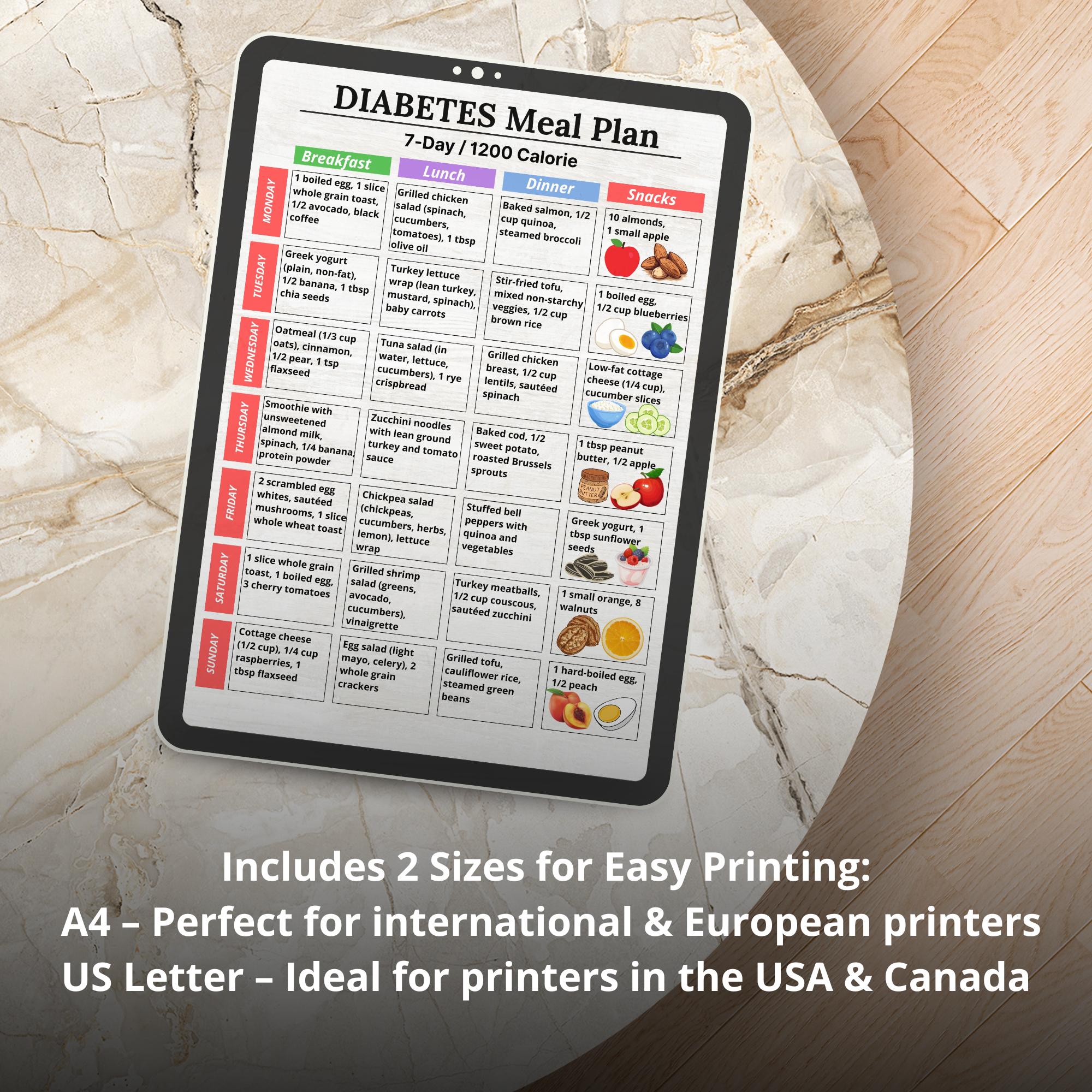Diabetes Meal Plan Printable, 7 Day 1200 Calorie Menu, Low Glycemic ...