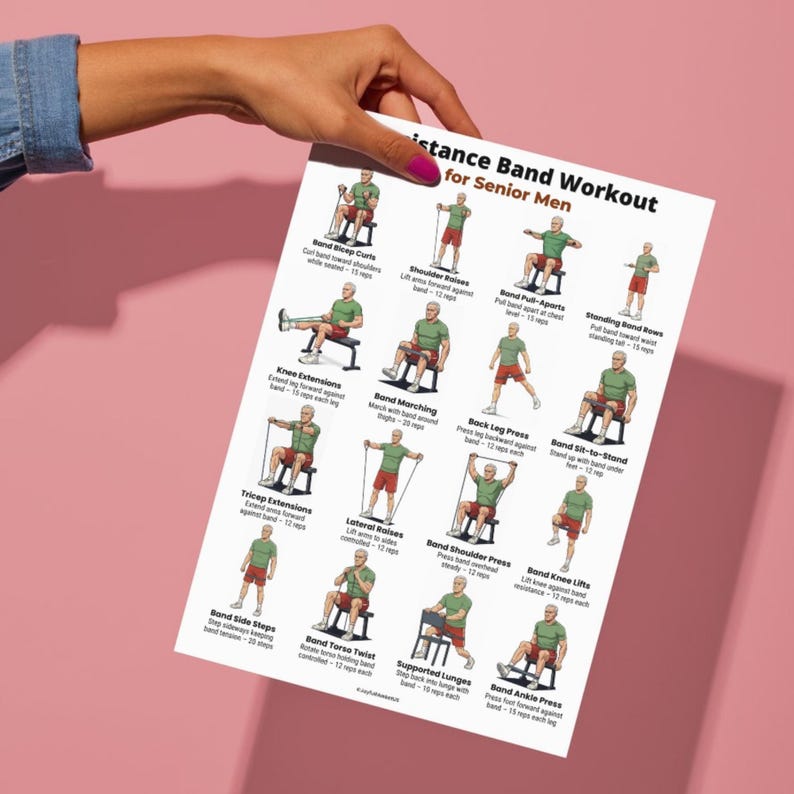 Resistance Band Workout for Senior Men printable poster with 16 seated and standing resistance band exercises for home strength training PDF