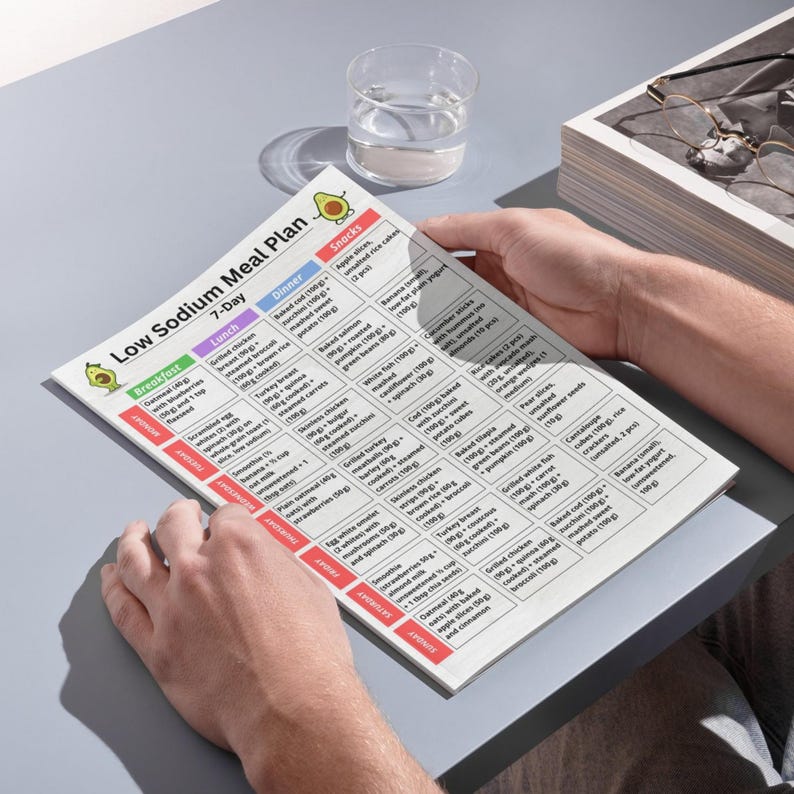Low sodium 7 day meal plan printable PDF showing breakfast lunch snack and dinner for each day, suitable for low salt diets and instant download.
