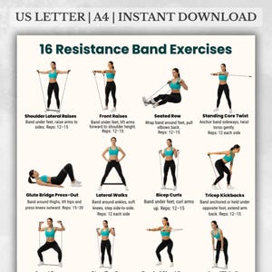 May include: A printable guide with 16 resistance band exercises. The exercises include shoulder lateral raises, front raises, seated row, standing core twist, glute bridge press-out, lateral walks, bicep curls, and tricep kickbacks. The text at the top reads "US LETTER | A4 | INSTANT DOWNLOAD."