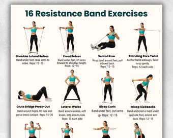 Tabla de ejercicios con banda de resistencia / 16 ejercicios de cuerpo completo / Rutina imprimible con banda de resistencia / Póster de ejercicios en casa / Arte mural de fitness en PDF