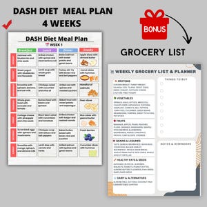 DASH Diet 28 Day Meal Plan PDF with 4 weeks of daily menus and bonus grocery shopping list printable for low sodium meal planning
