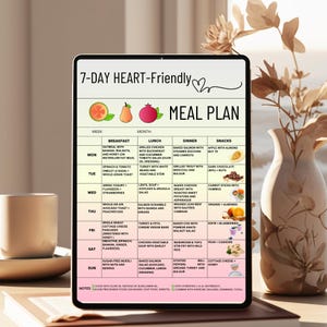 Printable 7-day heart-friendly meal plan PDF with clean eating ideas for breakfast, lunch, dinner, and snacks. Includes eat, limit, and avoid food chart. Designed for low sodium and whole food grocery planning. Suitable for those following a heart-conscious lifestyle or looking to organize weekly meals. US Letter and A4 formats. Instant digital download.