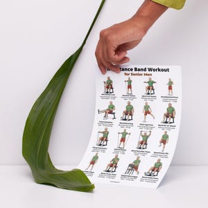 Resistance Band Workout for Senior Men printable poster with 16 seated and standing resistance band exercises for home strength training PDF