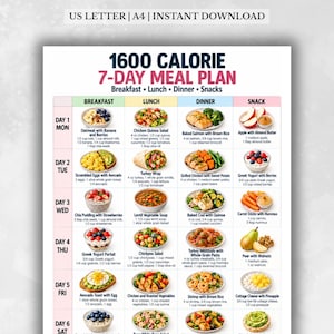 May include: A 1600 calorie 7-day meal plan chart featuring a grid layout with columns for breakfast, lunch, dinner, and snacks. Each cell contains a food image, a meal title, and a list of ingredients with measurements in ounces and cups.