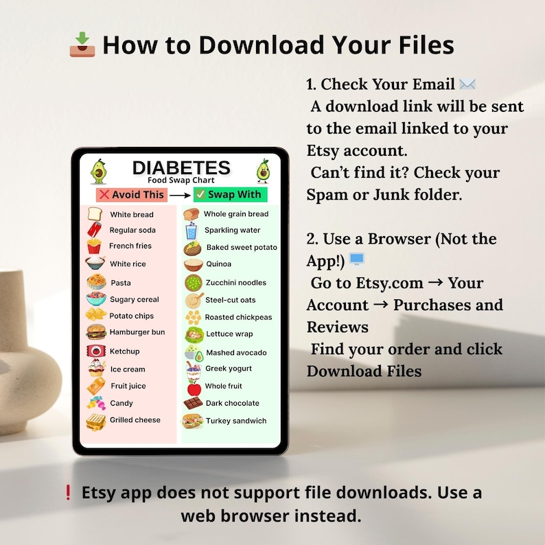 Diabetes food swap chart printable PDF with grocery substitutions for Type 2 Diabetes, showing common food alternatives for diabetic diet