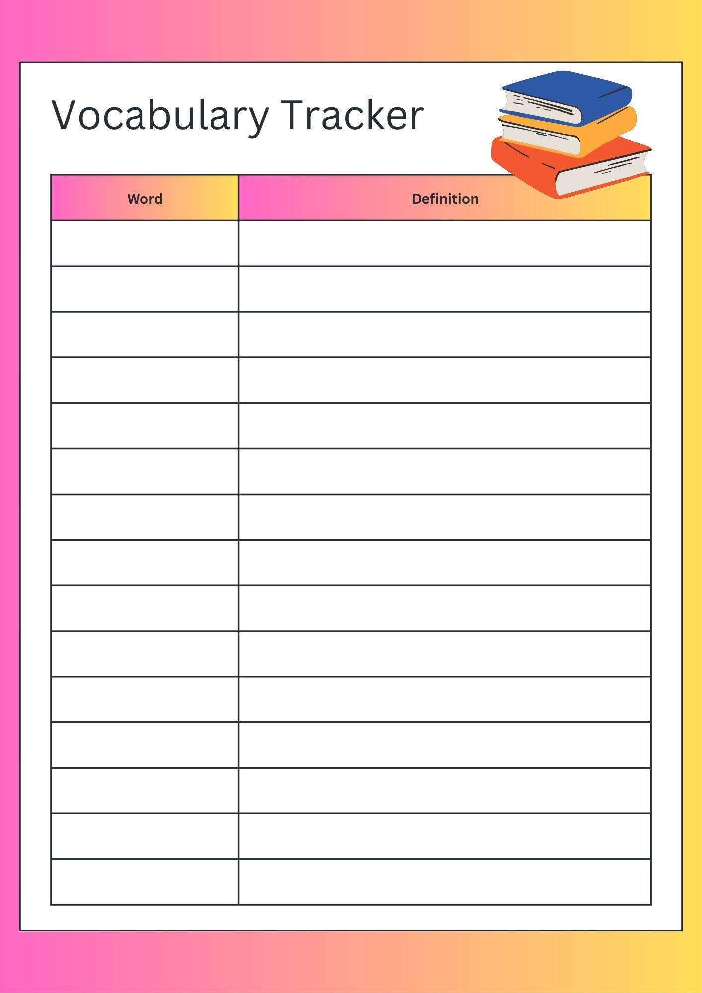Vocabulary Tracker Printable Vocabulary Log Sheet Language Learning ...