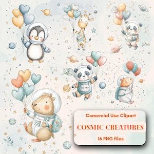Galaxy Critters Cute Astronaut Animal Illustrations, Free Unlimited comercial use, Digital instant download, DIY Quirky Astronaut Animal