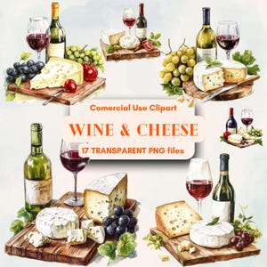 Wine & Cheese Watercolor Clipart Bundle: Elegant PNG Graphics (Digital Download)
