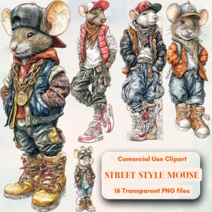 Street Style Mouse, fajny pakiet hip-hopowych clipartów, bezpłatne nieograniczone wykorzystanie komercyjne, natychmiastowe pobieranie cyfrowe, zrób to sam, dziwaczne cliparty, funky mouse