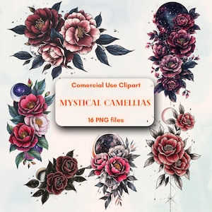 Paquete de arte digital: Camelias oscuras en una noche estrellada. Imágenes prediseñadas gratuitas e ilimitadas para uso comercial. Descarga digital instantánea. Suministros digitales para bricolaje.