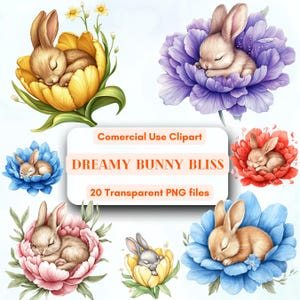 Sleeping Bunny in a Beautiful Flower Clipart Bundle, Unlimited Comercial Use Clipart, Cute Rabbit Watercolor Clipart Transparent PNG clipart