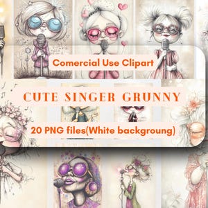 Bundle de cliparts Grunny chanteur mignon, Bundle de cliparts à usage commercial illimité, Clipart numérique décalé grand-mère, Clipart Instant Download, Suppl