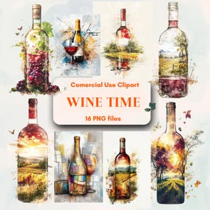 Bundle de cliparts bouteille rustique de l'heure du vin, utilisation commerciale illimitée gratuite, téléchargement numérique instantané, clipart dessinés à la main, clipart bouteille de vin