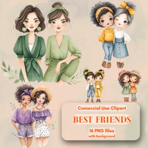 Best Friends Forever aquarel meisjes clipartpakket, gratis onbeperkt commercieel gebruik, digitale instant download, clipartset DIY schattige vrienden